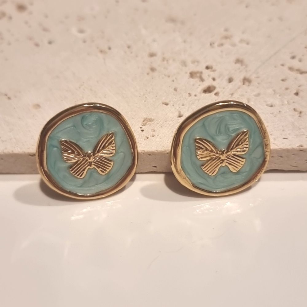 New! Vintage Style Aqua Enamel Gold Butterfly Stud Earrings Gold Plated A4 NWOT